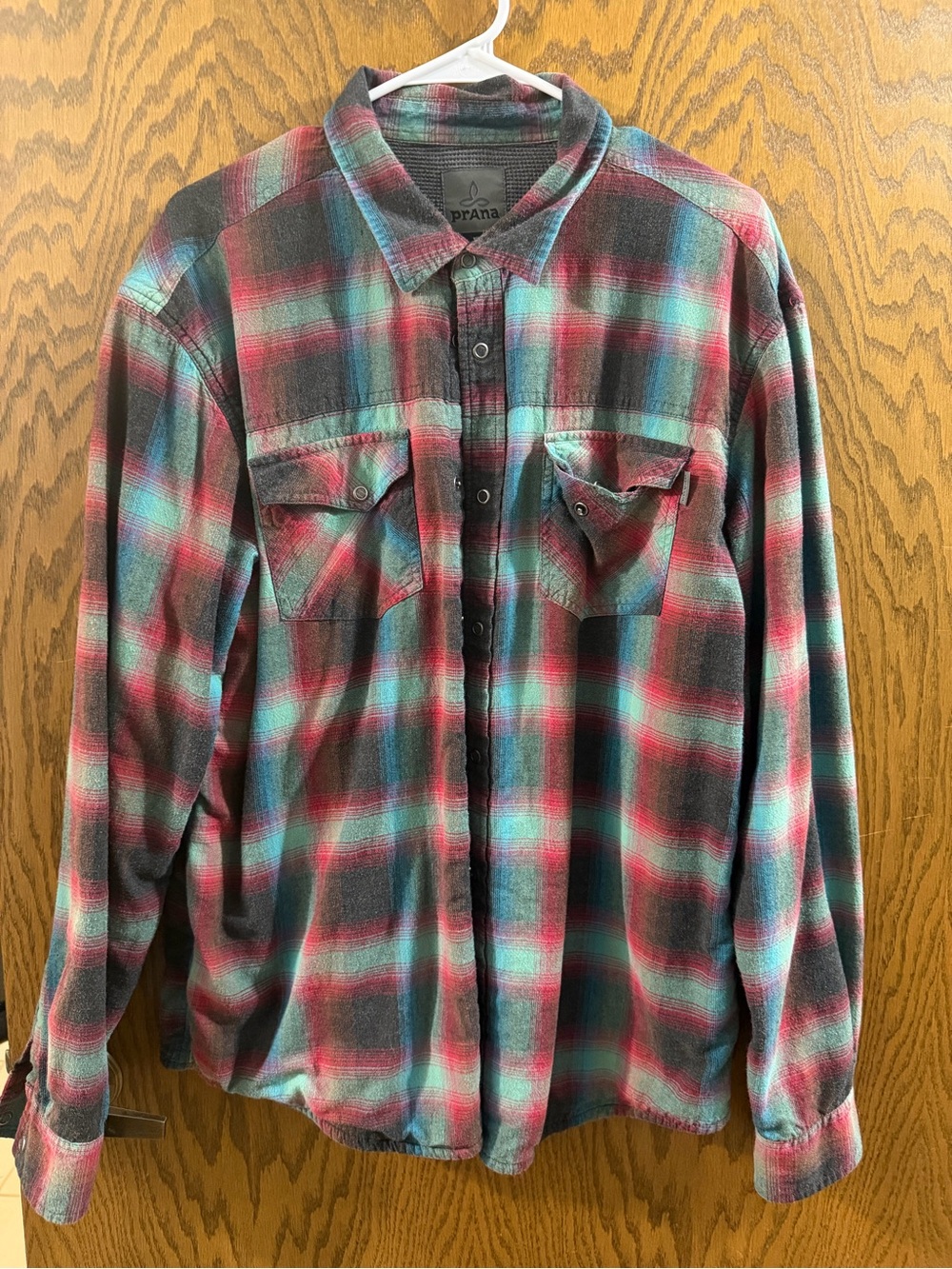 Prana Men’s Large Plaid Flannel Shirt Jacket Waffle Knit Lines Snap Front